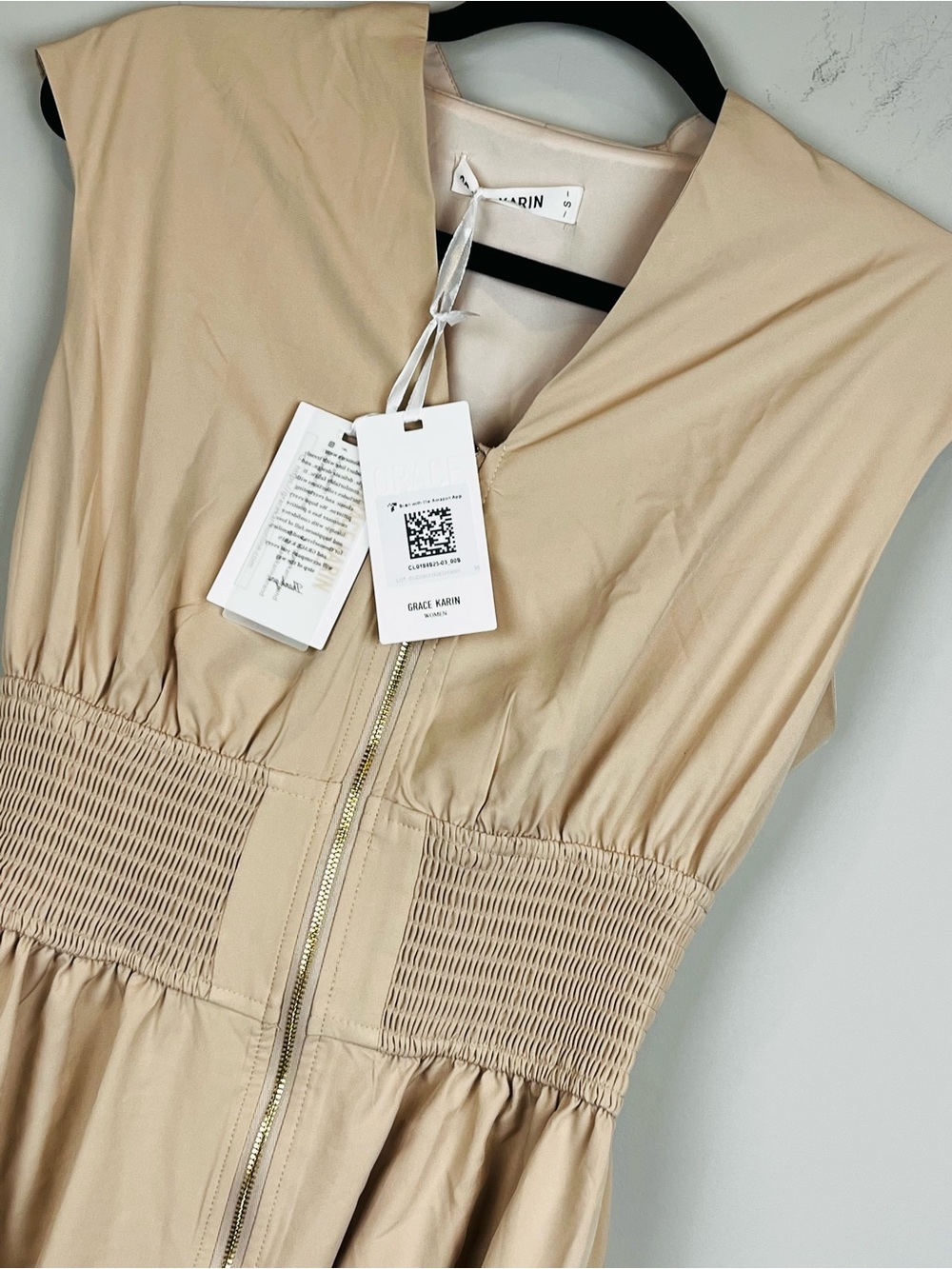 NWT Grace Karin Zipper Front Smocked Waist Cap Sleeve Midi Dress Tan Small - Picture 5 of 15